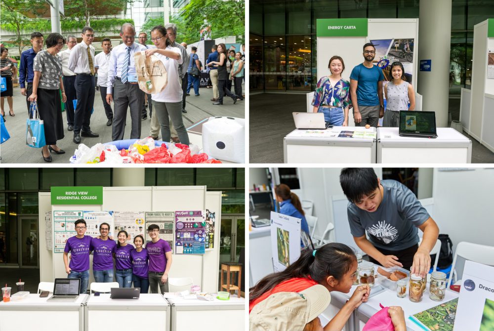 <div>Sustainability in Community Engagement (clockwise from left): Ng Ning from NUS SAVE explaining the Ctrl + Alt + Del waste manager life-size board game to Minister Masagos; Energy</div><div>Carta; Bachelor of Environmental Studies (BES) Drongos; and Ridge View Residential College booths. Student representatives from various Halls of Residences also exhibited their green</div><div>initiatives as part of the InterHall Environmental Award.</div>