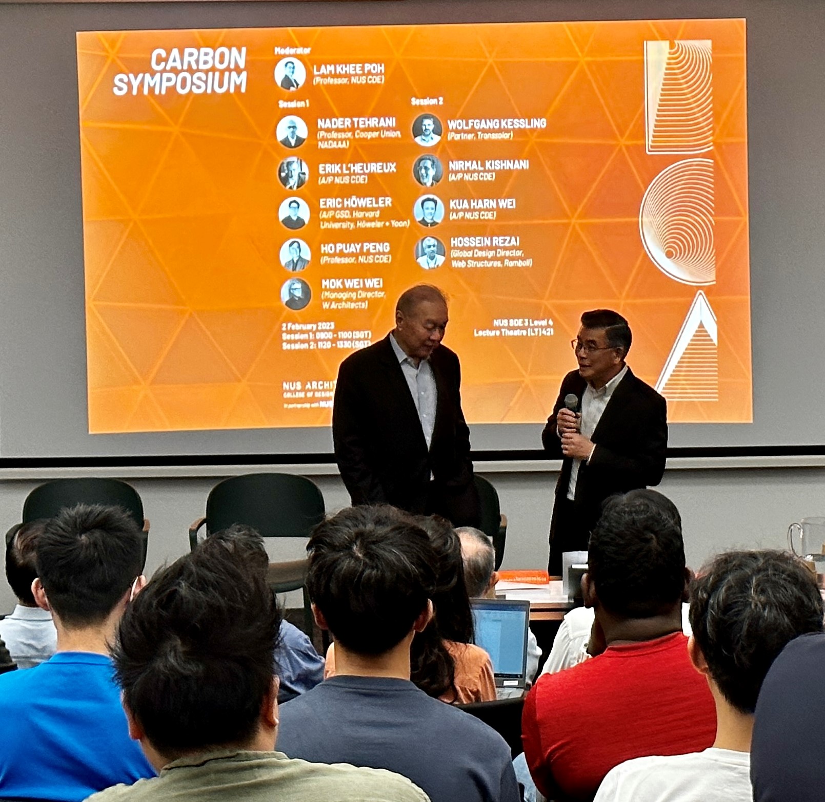 Professor Lam Khee Poh (right) from the College of Design and Engineering at NUS, who moderated the symposium, with Professor Low Teck Seng, NUS Senior Vice President (Sustainability and Resilience), who gave the opening address.