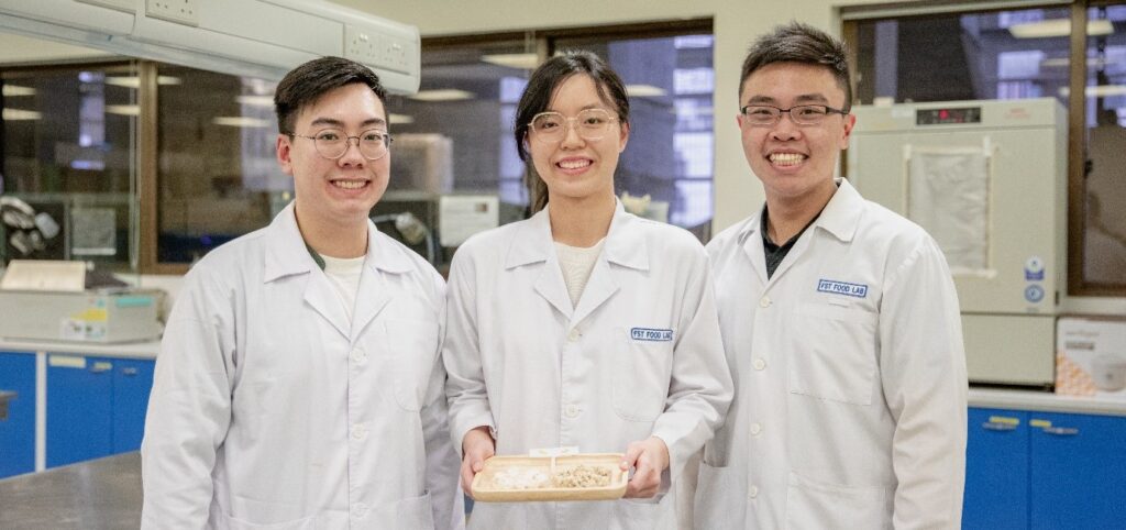 (From left) Jiro-meat founders Heng Chin Wee and Oh Kai Ling, with their mentor Dr Chua Jian Yong.