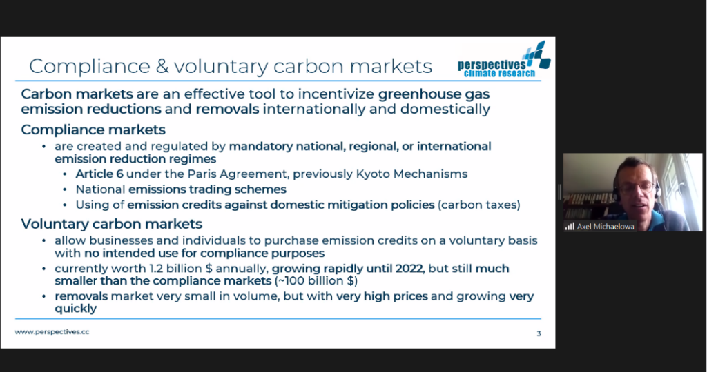 Dr Axel Michaelowa, senior founding partner at Perspective Climate Group, explaining the differences between compliance and voluntary carbon markets at the CNCS virtual media briefing.