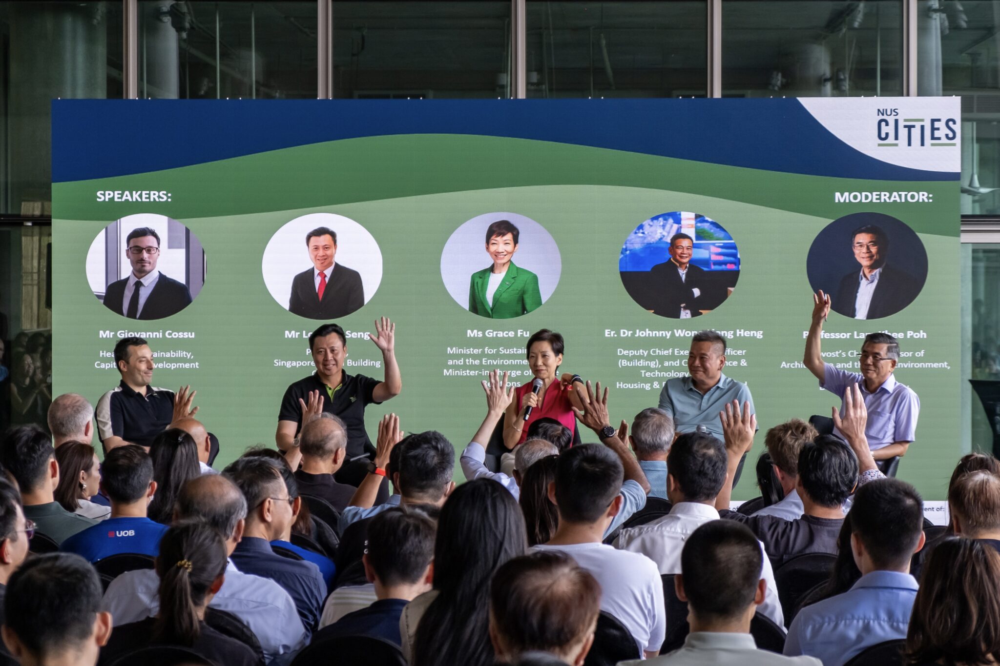 (From left) Mr Giovanni Cossu, Head of Sustainability of CapitaLand Development; Mr Lee Ang Seng, President of Singapore Green Building Council; Ms Grace Fu, Minister for Sustainability and the Environment; Er Dr Johnny Wong, Deputy CEO (Building) of Housing Development Board; and Moderator Professor Lam Khee Poh, Provost Chair Professor, Department of Architecture and the Built Environment; Director (Advisory) at NUS Cities, discussed their transformative role of green buildings in enhancing public health.